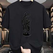 Local Shop, Men's T-Shirts, Men's Shirts, Men's Clothing, Men's T-Shirts, Tadeo Black And White T-Shirt, Religious Print Design, High Quality Print, Crew Neck, Relaxed Fit XDKY - 黑色 - 查看 7