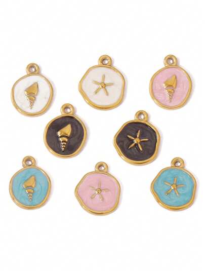 2 chiếc mặt dây chuyền hình sao biển và ốc xà cừ bằng thép không gỉ tráng men, mạ vàng 18K, dùng để làm đồ trang sức thủ công.