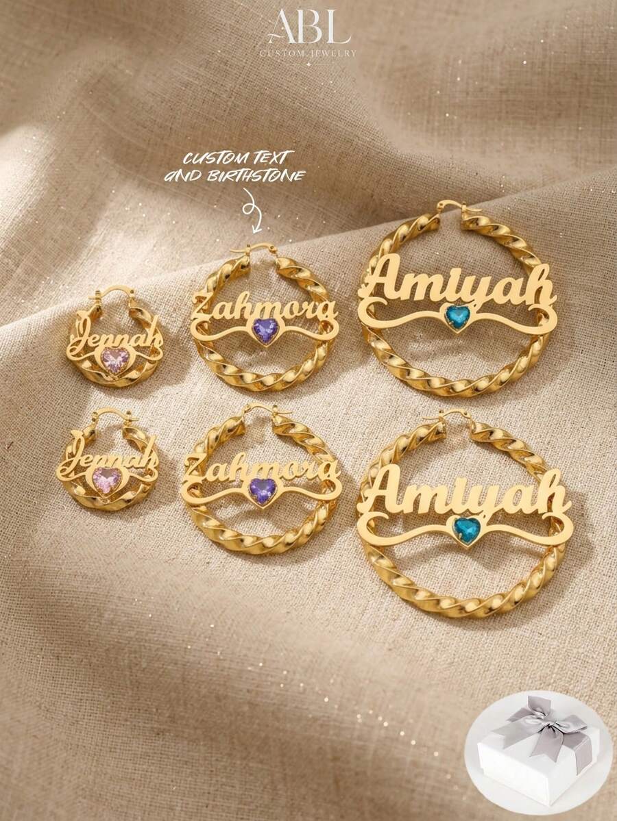 Personalized Name Hoop Earrings: Elegant Gemstone Twisted Hoop, Large Twisted Hoop Suitable For Women, Personalized Gold Earrings, Fashion Earrings, Unique Jewelry Gift For Her, Mom, Wife, Mother's Day Gift - Multicolor - View 1
