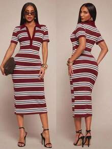 Vestido camisero de mujer de estilo casual, elegante y de negocios, con rayas negras y blancas.Vestido midi de punto elástico y ajustado.Vestido chic francés a rayas en blanco y negro.Vestido midi a rayas.Vestido midi ajustado a rayas.Vestido de verano de mujer con cuello a rayas. - Multicolor 5 - Ver 2