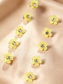 10pcs Yellow Flower Bead Hair Clips, Hair Accessories For Girls, Decorative Hair Clips For Festivals - Yellow - View 4
