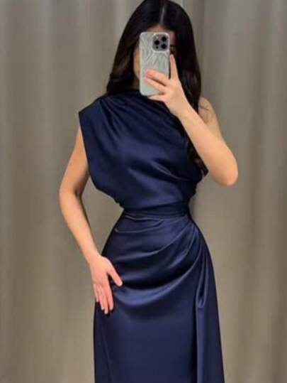 Đầm dài satin bất đối xứng xếp ly dành cho nữ, cổ cao, không tay, ôm sát, kiểu dáng trang trọng, thanh lịch cho các dịp dự tiệc cưới, tiệc cocktail và tiệc chiêu đãi, mùa thu/đông hè.