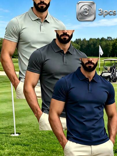 Bộ 3 áo polo golf nam, áo tay ngắn thoáng khí, nhanh khô, thích hợp cho các hoạt động ngoài trời, công sở và thể thao,, phù hợp cho các dịp thường ngày và thể thao.