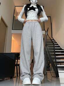 Celana Jogging Kasual Longgar Pinggang Tinggi Warna Polos dengan Karet Pinggang Elastis - Grey - View 4