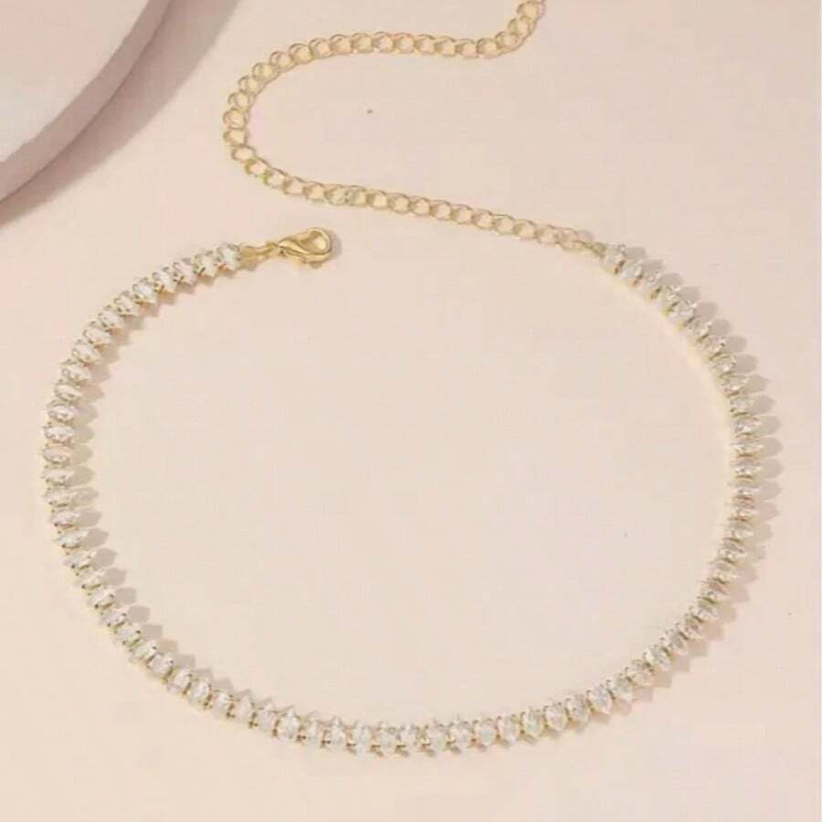 1 chiếc dây chuyền nữ hình bầu dục đính đá Zirconia, phụ kiện đa năng cho váy dạ hội và trang phục hàng ngày. - Vàng - Xem 1