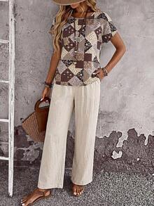 Set de 2 piezas con top de manga corta y pantalón de pierna ancha con estampado geométrico para mujer - Multicolor 5 - Ver 1