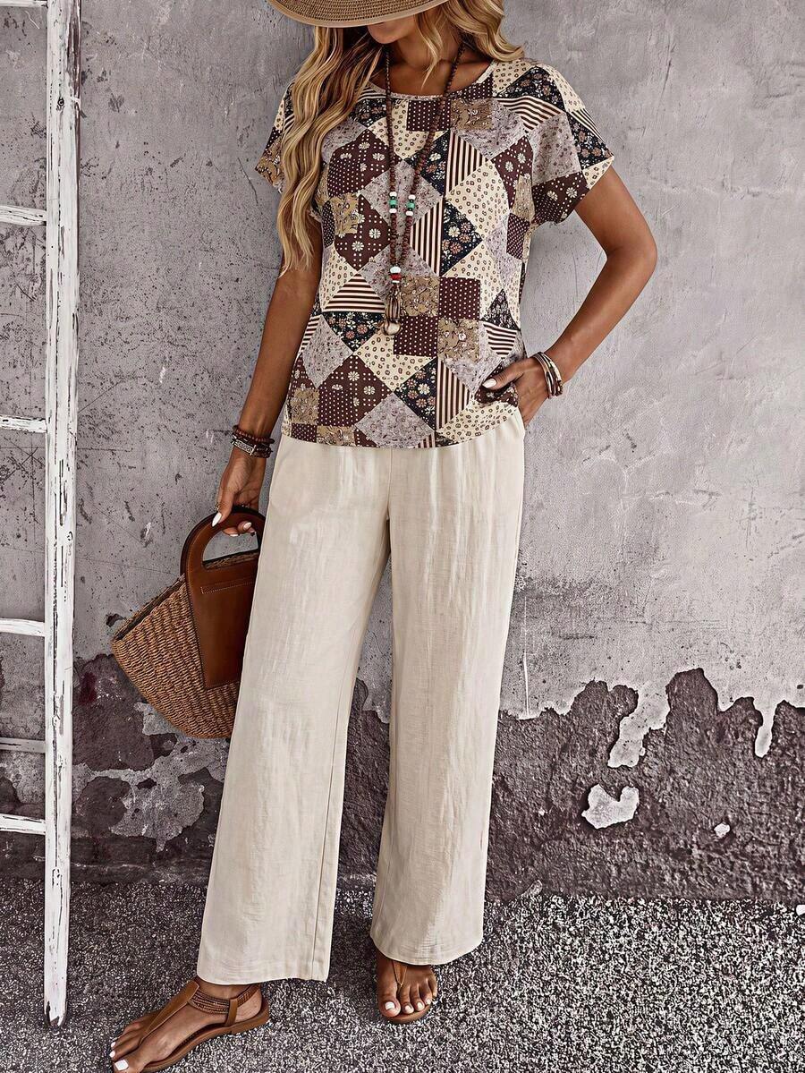 Set de 2 piezas con top de manga corta y pantalón de pierna ancha con estampado geométrico para mujer - Multicolor 5 - Ver 1