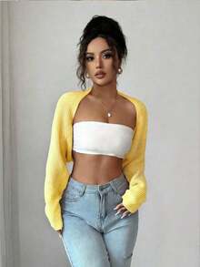 Raffinéa Cárdigan corto de punto acanalado de unicolor elegante para mujer, otoño - Amarillo claro - Ver 4