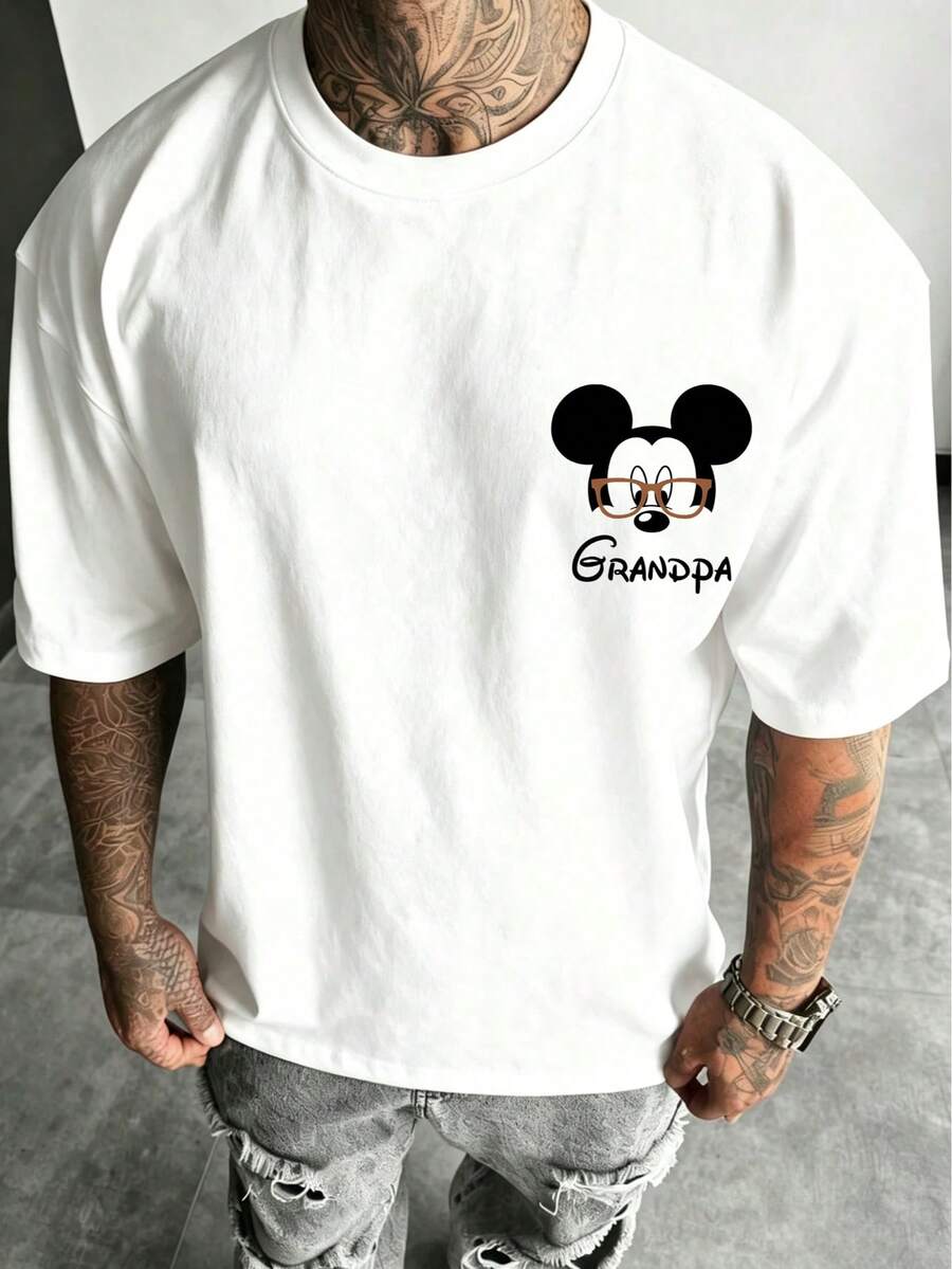 Disney Mickey Mouse Glasses Print Loose-Fitting T-Shirt For Men And Women, Simple And Casual Round Neck Short-Sleeved White Top. - trắng - Xem 1