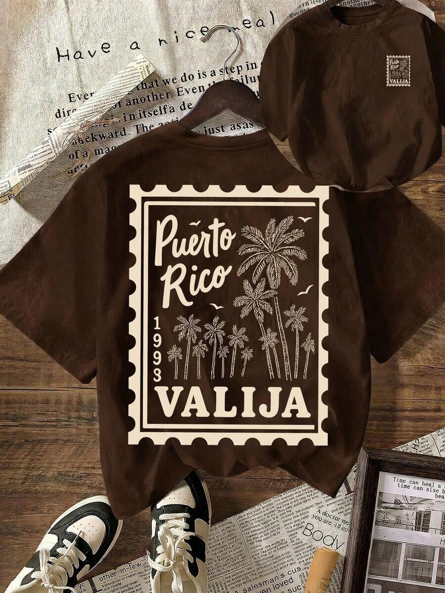 Camiseta casual de mujer con cuello redondo y manga corta, con un estampado gráfico de palmeras y cocoteros en el borde, ideal para vacaciones de primavera y verano. - Tabaco - Ver 1