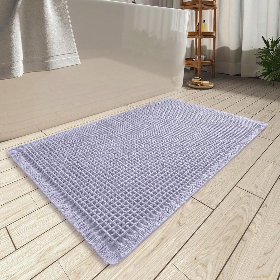 Waffle Bath Mat, Absorbent Non Slip Bathroom Rug With Tassels, Rubber Backed Floor Mat, Machine Washable Decorative Mat For Bathroom, 17" X 24", Brown - Purple - 查看 1