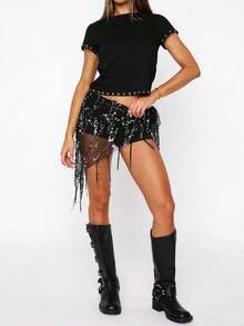Women's Y2K Fringe Belly Wrap,Dance Scarf Belly Sheer Skirt Cover Up,Sequin See Through Mesh  Asymmetrical Tie Waist Skirt,Suitable Yoga, Belly Dance, Performance,Club Party,Night Out - màu đen - Xem 9