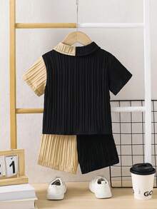 2pcs/Set European And American Style Baby Boy Summer Fashion Short Sleeve Shirt And Shorts Set, Toddler Casual Patchwork Polo Collar Shirt With Elastic Waist Shorts, Newborn Gentleman Outfit, Outdoor Casual Gift - Black - View 2