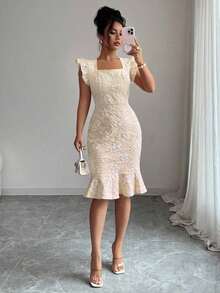 Vestido elegante de jacquard para ir al trabajo, verano - Caqui - Ver 1