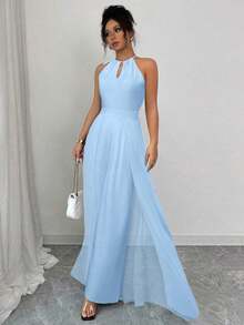 Mono elegante de mujer con cuello en V, cintura ajustable, sin mangas, de gasa con parches, y bajo translúcido - Azul - Ver 6