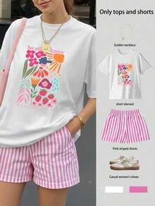 Conjunto de camiseta de manga corta holgada con estampado "Be Still & Know" y pantalones cortos a rayas, traje de mujer, conjunto de dos piezas femenino, atuendo de verano para mujer, ropa de vacaciones, ropa de viaje, estilo de playa, vestimenta de vacaciones minimalista - Blanco - Ver 5