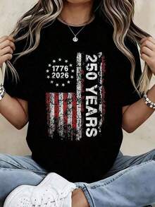 Women's 4th Of July Clothing, Patriotic T-Shirt With American Flag For The 250th Independence Day 2026, White Graphic Print T-Shirt To Celebrate American Freedom, Festive Clothing, Free Shipping. - 黑色 - 查看 7