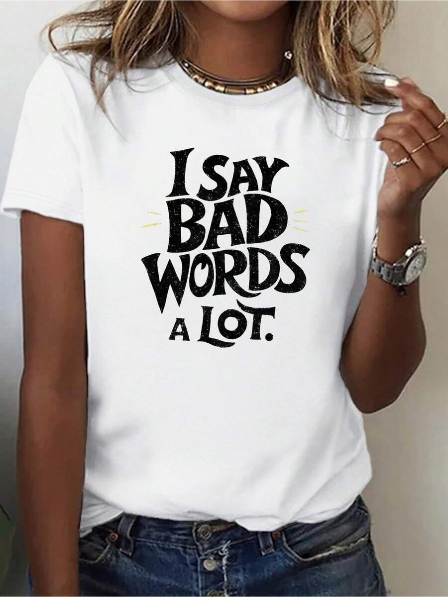 Ropa holgada para mujer, camiseta de cuello redondo con estampado de letras de anime - Top básico de color sólido, adecuado para uso casual y de fiesta, transpirable y cómodo, estilo sutilmente elegante, lavable a máquina - Uso diario (envío local gratuito) - Blusas para dama con estampado de letras en stock - Blanco - Ver 1