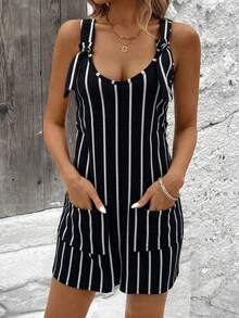 Mono sin mangas diario sencillo con estampado de rayas para mujer: el guardarropa de moda de verano para mujer imprescindible - Negro - Ver 2