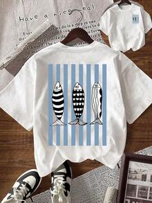Camiseta de mujer de manga corta con cuello redondo, estampado de rayas y peces, informal, para verano - Blanco - Ver 1