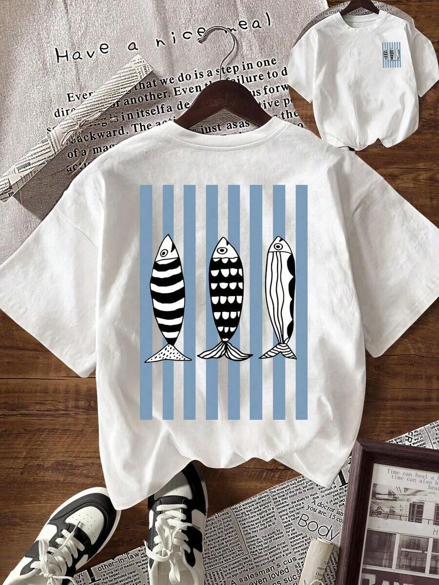 Camiseta de mujer de manga corta con cuello redondo, estampado de rayas y peces, informal, para verano - Blanco - Ver 1