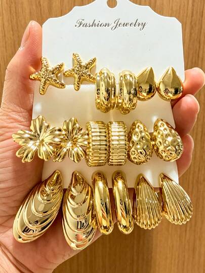 6/18pcs Fashion Starfish, Flower, Shell, Water Drop, Textured C-Shape Stud Earrings Set, Multi-Style Combination, Suitable For Different Earring Styles, Daily Wear, Travel, Holiday Gift