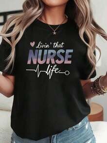 Camiseta de Mujer con Temática de Enfermería - Estampado con la Letra "NURSE", Manga Corta, Cuello Redondo, Blusa Casual de Primavera/Verano para Enfermeras, Regalos para Enfermeras, Ropa Casual - Blanco - Ver 1