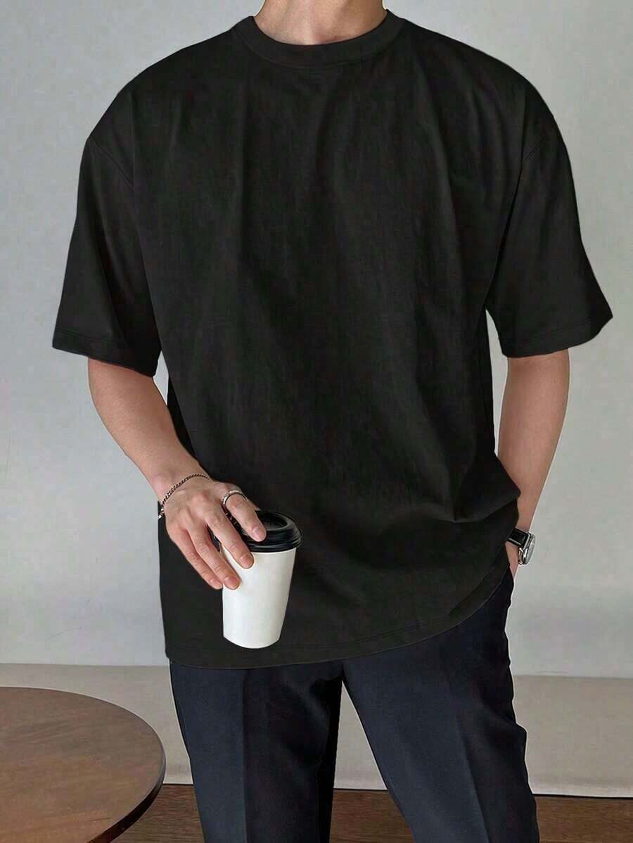 Men's Cotton Drop Shoulder T-Shirt - 黑色 - 查看 1