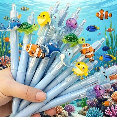 5/10pcs Ocean Animal Neutral Pens, Cute Turtle/Clownfish/Jellyfish Pens, 0.5mm Fine Tip Black Ink Retractable Pens, Marine Life Themed Pens, Smooth Writing, Ergonomic Design, Holiday Gift, Random Style, Treasure Gift For Friends