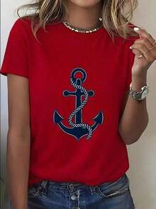 1 pieza de camiseta con estampado de ancla náutica para mujer - Camiseta marítima blanca y azul marino, tela suave y transpirable para playa, navegación, uso diario casual - Regalos para marineras, camisetas para cruceros, ropa náutica, detalle de nudos, camiseta ligera, blusa elegante, para amantes del estilo marinero. Holgada y cómoda. Camisetas casuales cómodas - J210g 100% algodón, todos los diseños están impresos. Unisexo. - Blanco - Ver 8