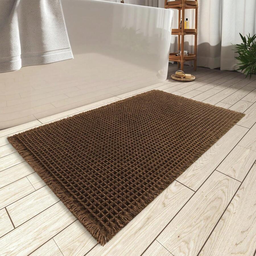 Waffle Bath Mat, Absorbent Non Slip Bathroom Rug With Tassels, Rubber Backed Floor Mat, Machine Washable Decorative Mat For Bathroom, 17" X 24", Brown - Terracotta - 查看 1