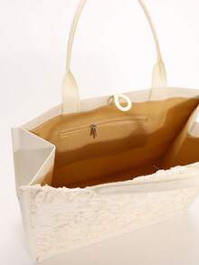 1 buah Tas Tote Wanita Putih dengan Aplikasi Renda Larut Air, Bordir Jala Bunga 3D, Kapasitas Besar, Bagian Bawah Linen, Tas Tangan Liburan Pantai, Cocok untuk Pantai, Area Wisata, Belanja (Pola Payet Bunga Didistribusikan Secara Acak) - Putih - View 10