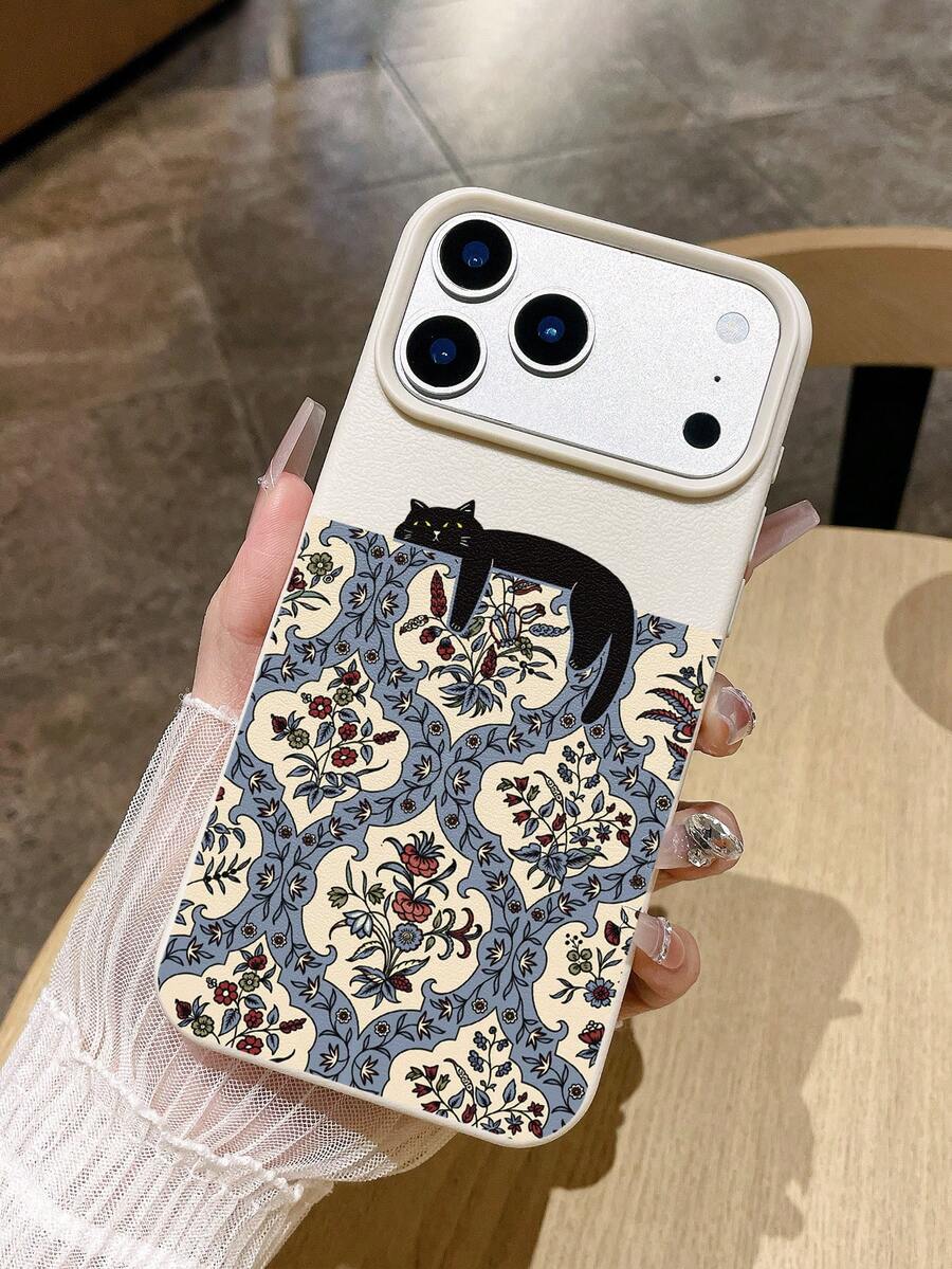 1个懒惰黑猫复古瓷砖印花手机壳，米色仿皮纹理防震保护套，可爱少女复古美学设计，兼容 11/12/12mini/13/14/15/16/16 Plus/17/17 Pro/17 Pro Max和Galaxy S24 Ultra/S25 Ultra/A06，适合爱猫人士、复古风爱好者，生日及日常使用。 - 白色 - 查看 1