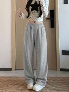 Celana Jogging Kasual Longgar Pinggang Tinggi Warna Polos dengan Karet Pinggang Elastis - Grey - View 2
