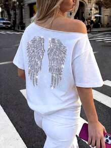 Camiseta holgada con hombros asimétricos y alas de ángel bordadas con lentejuelas, estilo gráfico Y2K oversize para mujer, casual y blanca para verano - Blanco - Ver 1