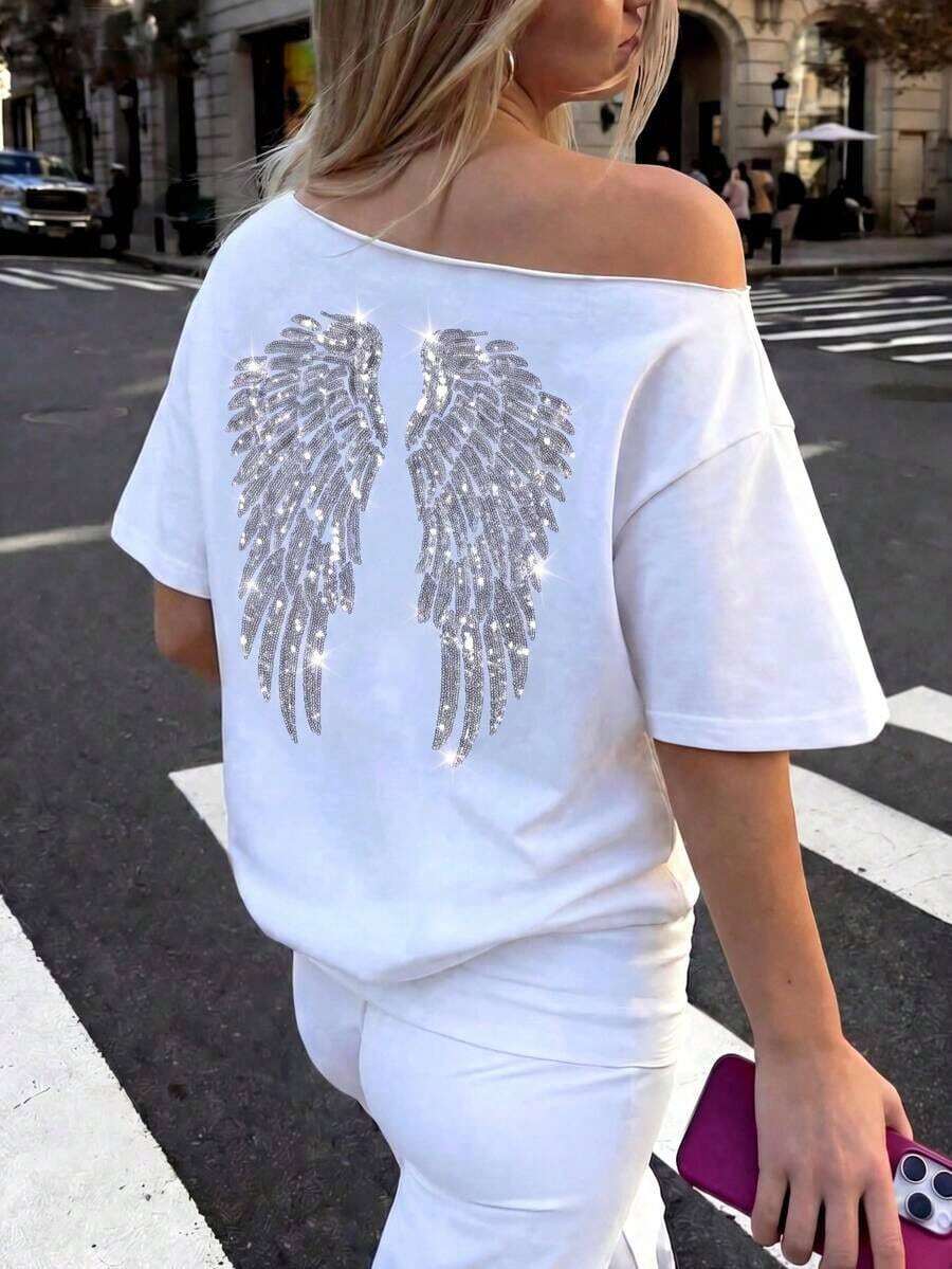 Camiseta holgada con hombros asimétricos y alas de ángel bordadas con lentejuelas, estilo gráfico Y2K oversize para mujer, casual y blanca para verano - Blanco - Ver 1