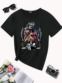 Women's Short Sleeve Cotton T-Shirt, Skeleton Heart Graphic Print Tee - Soft & Stretchy Round Neck, Casual T-Shirt, Machine Washable, Comfortable Fit For All Seasons, Sporty Style T-Shirt, Artistic Fashion T-Shirt, Non-See-Through Fabric. - 黑色 - 查看 2