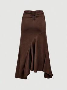 High Waist Ruffle Asymmetrical Hem Skirt Brown Midi Skirt Tie Skirt Wrap Skirt Asymmetrical Skirt Brown Tie Skirt - Blanco - Ver 6