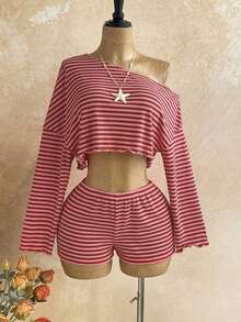 Conjunto de 2 piezas de top de manga larga con hombro asimétrico y degradado y shorts de moda para mujer - Rojo - Ver 6