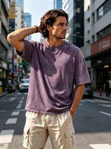 EWH 230g Thick Unisex Washed Vintage Oversized T-Shirt Street Hip Hop Punk Harajuku Casual Cotton Shorts DG004 - 紫色 - 查看 6