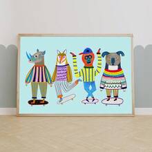 1幅彩色滑板动物墙画，可爱犀牛、狐狸、猴子、考拉帆布画，趣味动物海报，梦幻般的儿童房、卧室、客厅、公寓、宿舍装饰画，无框，送给她的礼物 - 彩色 - 查看 1