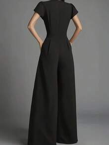 Mono de cuello alto minimalista y cómodo para mujer, de manga corta, color negro, con la cintura ceñida [sin cinturón, el cinturón es solo decorativo], elegante para primavera/verano/otoño - Negro - Ver 2