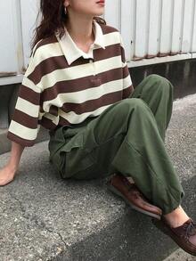 Camiseta holgada a rayas para mujer, cuello polo, manga corta, ropa casual de verano, ropa para la vuelta al cole. - Gris - Ver 8