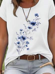 Watercolor High-Purity Floral Pattern Printing + Short Sleeve + Round Neck T-Shirt + Spring And Summer Casual Women's New Arrival Local Warehouse Delivery Of Women's Supplies Christmas Clothing Women's Gifts Women's Beautiful Shirt Top Pattern T-Shirt - trắng - Xem 7