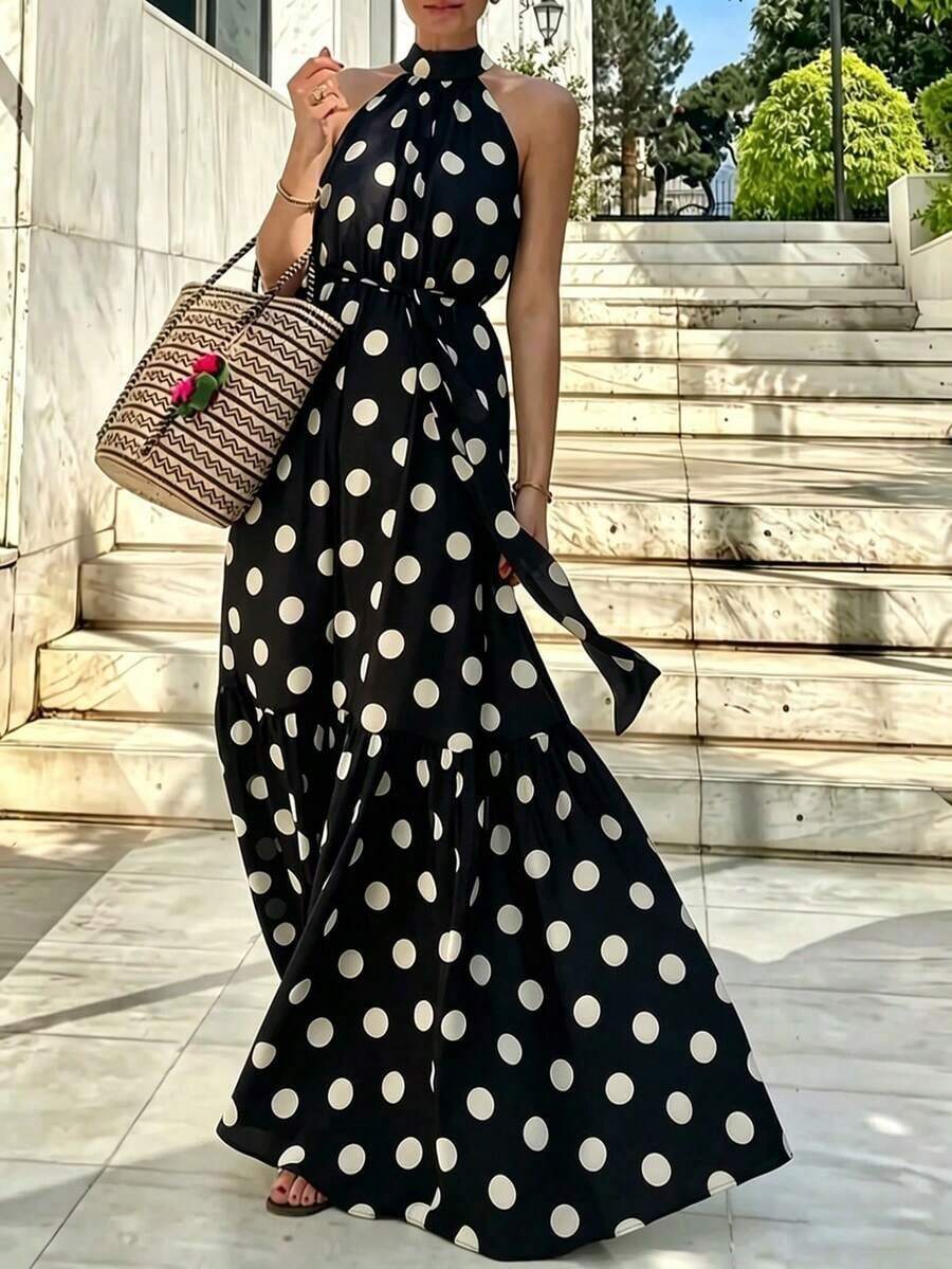 Vestido de verano negro casual y elegante con estampado de lunares, lazo en la cintura, volantes en el bajo y cuello halter para mujer en vacaciones - Negro - Ver 1