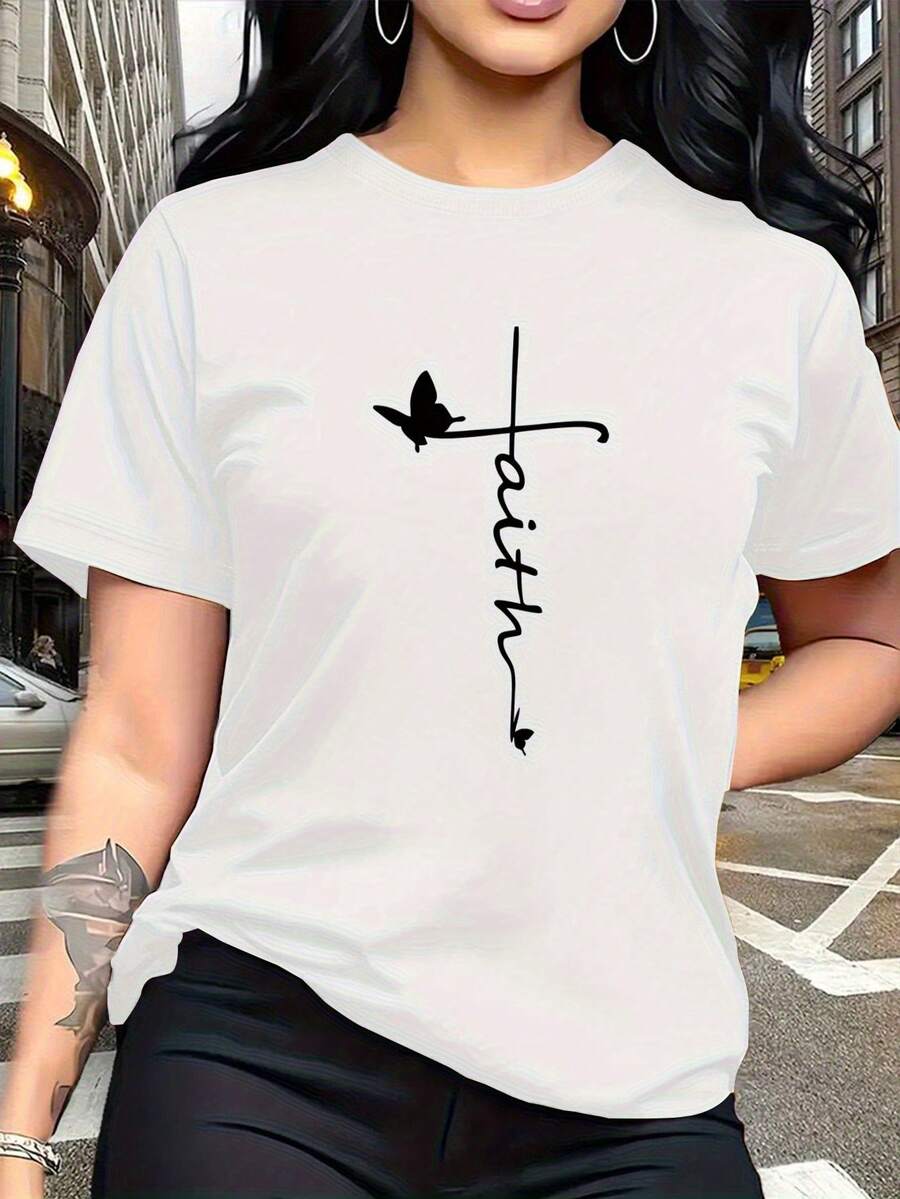 Soft 100% Cotton T-Shirt. The "Faith" Design Features A Christian Cross And Butterfly Print, With A Simple Crew Neck And Versatile Short Sleeves. This Breathable Cotton T-Shirt For Women Is Ideal For Casual Wear, Travel, Vacations, And Other Occasions. - 白色 - 查看 1
