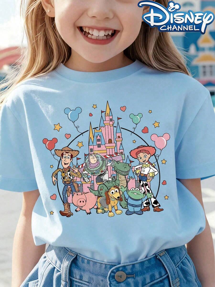 [Authorized] Toy Story Print Disney Girl's Summer Round Neck Casual T-Shirt Slightly Stretchy Fabric Suitable For Birthday Gifts Ideal For Daily Activities, Sports, And Travel Summer T-Shirts For Girls - Màu xanh nhạt - Xem 1