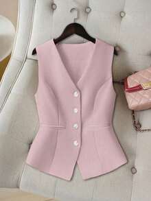 Top corto con cuello en V para mujer, estilo retro ajustado a la cintura, elegante de alta gama, para verano - Rosa - Ver 1