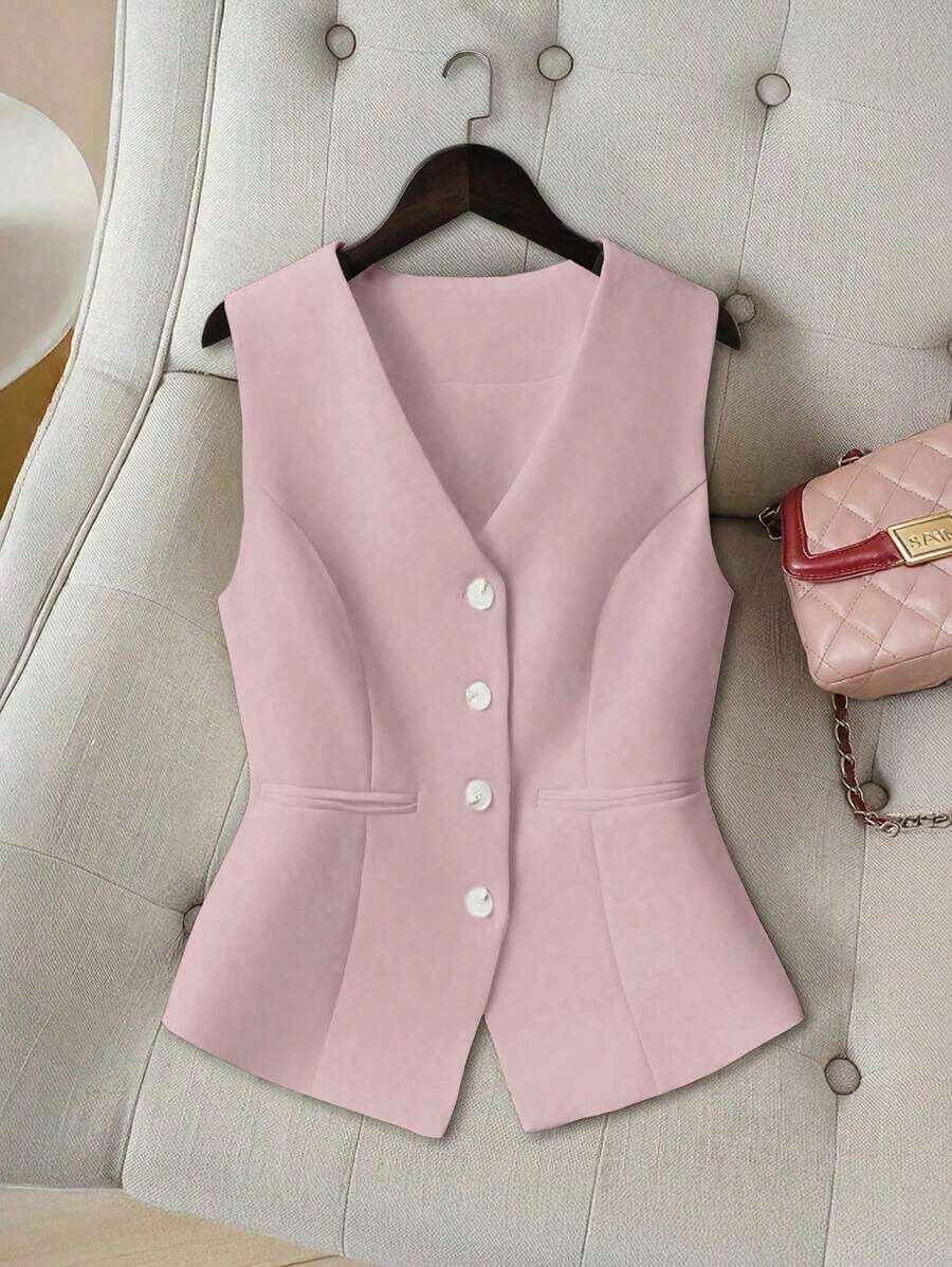 Top corto con cuello en V para mujer, estilo retro ajustado a la cintura, elegante de alta gama, para verano - Rosa - Ver 1