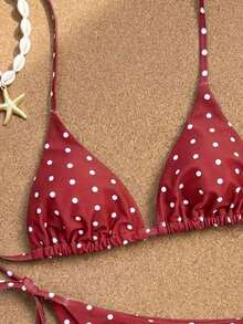 Swim Mod Conjunto de bikini de triángulo con copa sólida para mujer, traje de baño sexy de dos piezas con lazos - Rojo - Ver 4